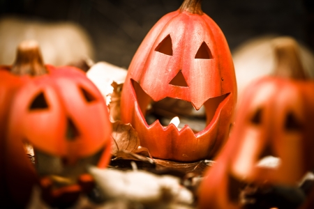 Scary halloween pumpkins jack-o-lantern candle lit  Autumn holidays conceptの写真素材