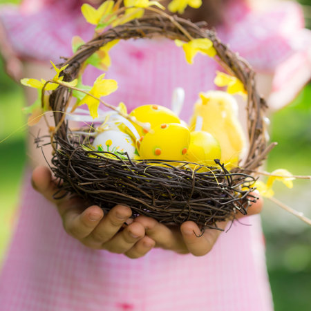 Easter eggs on green grass. Spring holidays concept