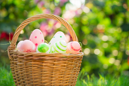 Easter eggs on green grass. Shallow depth of fieldの写真素材