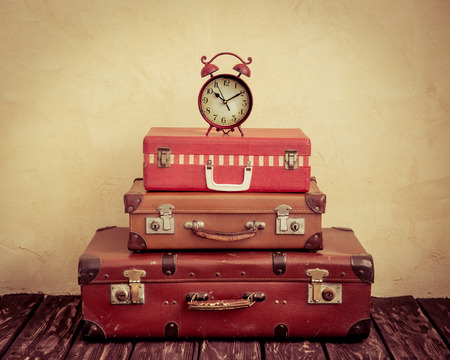 Vintage classic brown leather suitcase. Travel conceptの写真素材