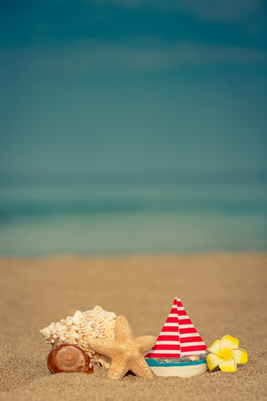 Seashell and star on sandy beach against blue sea and sky background. Summer vacation conceptの写真素材