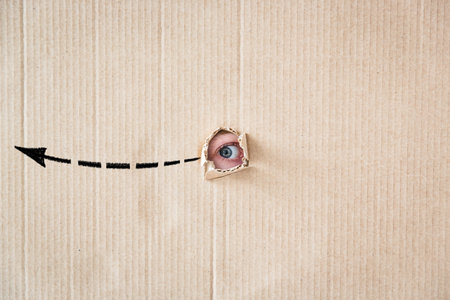 Surprised person looking through hole of cardboard. Copy space for your textの写真素材