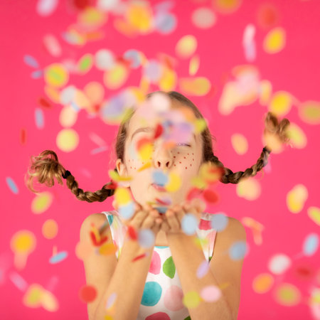 Fancy child with pigtails blowing confetti. Portrait of happy girl against pink background. Christmas holiday conceptの写真素材