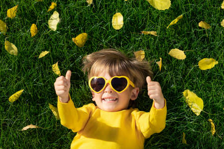 Top view portrait of happy child having fun outdoor in autumn park. Smiling kid lying on green grass against yellow leaves blurred backgroundの写真素材