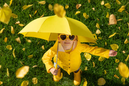 Top view portrait of happy child having fun outdoor in autumn park. Smiling kid with umbrella standing on grass against yellow leaves blurred backgroundの写真素材
