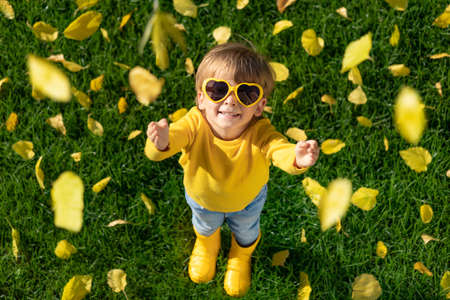 Top view portrait of happy child having fun outdoor in autumn park. Smiling kid standing on green grass against yellow leaves blurred backgroundの写真素材