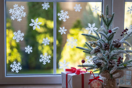 Christmas tree decoration on the window sill. Xmas holiday conceptの写真素材