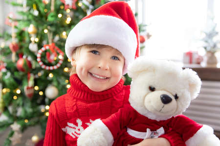 Happy child wearing Santa Claus hat. Kid playing with teddy bear at home. Portrait of child in Christmas. Funny kid greeting in video chat. Xmas holiday conceptの写真素材