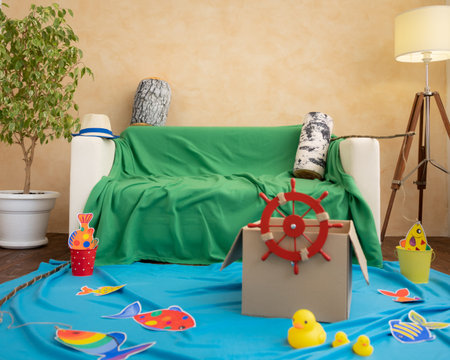 Children room interior. Preparing for the play fishing trip. Summer vacation concept