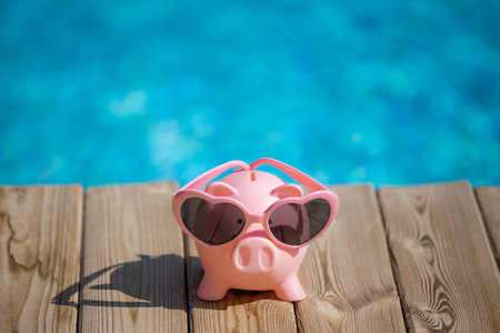 Piggybank on wood against blue water background. Summer vacation concept
