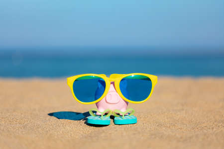 Piggybank on the beach against sea and sky background. Savings for summer travel and vacation conceptの写真素材