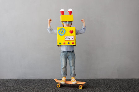 Happy child with robot. Funny kid have an idea. Success, creative and innovation technology concept