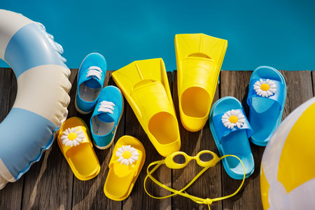 Beach flip-flops and sunglasses on wooden background. Things for vacation against blue water of...