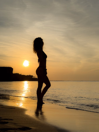 Silhouette of young woman relaxing at the sandy beach. Summer vacations conceptの写真素材