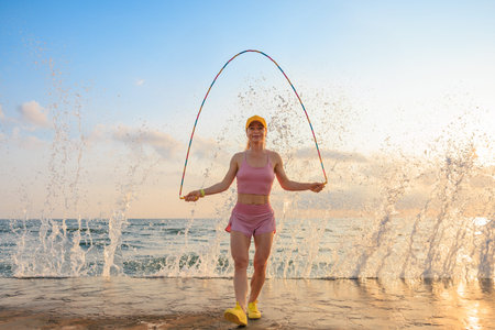 Fit young woman jumping rope at the beach. Strong sportswoman against sea and sky background. Summer...