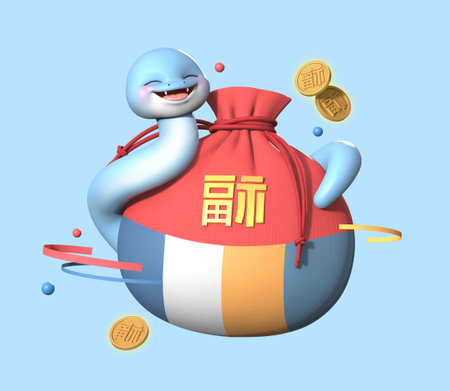 The 3d blue snake character who's holding a lucky bagの写真素材