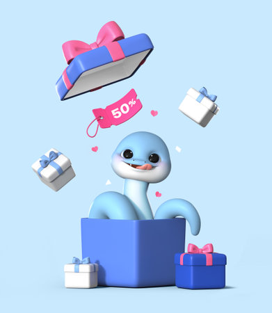 As the blue gift box opens the blue snake character appears with the particlesの写真素材