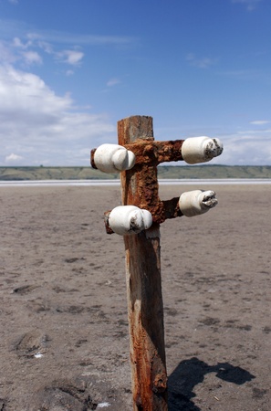buried old wooden electricity pylons in the sand of Kuyal'nik Limanの写真素材