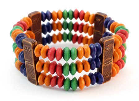 wooden handmade bracelet on white backgroundの写真素材