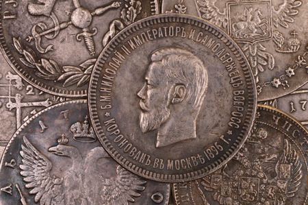 Vintage background silver ruble coin 1896 Russian emperor Nicholas II Autocrat of all Russiaの写真素材