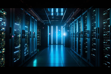 Server room data center. Backup, mining, hosting, mainframe, farm and computer rack with storage information. Genereted AIの素材