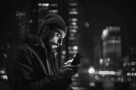 Young bearded hipster man using mobile phone in the city at night. Genereted AIの素材