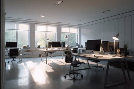 Interior of modern open space office with white walls, concrete floor, rows of computer tables and black chairs. 3d rendering. Generative AIの素材