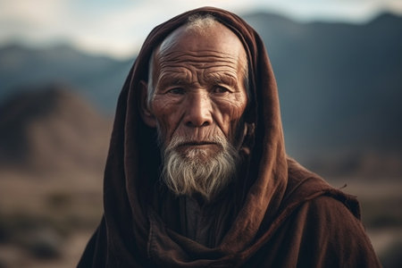 Old man with long white beard and mustache in traditional clothes in the mountains. Generative AIの素材