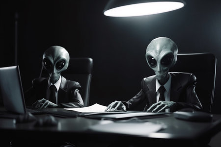 Businessman and alien working late at night in a dark office. Generated AIの素材
