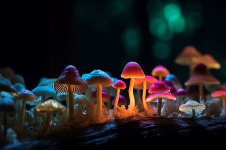Mushrooms in the forest at night. Beautiful macro view of group of mushrooms. Selective focus. Generative AIの素材