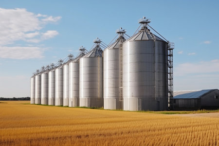 Construction of a feed mill agro-processing plant for processing and silos for drying cleaning and storage of agricultural products, flour, cereals and grain. Silver tanks. Generative AIの素材