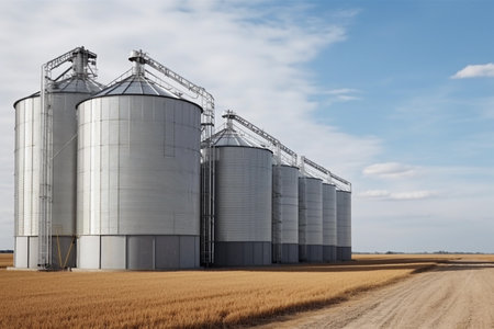 Construction of a feed mill agro-processing plant for processing and silos for drying cleaning and storage of agricultural products, flour and grain. Generative AIの素材