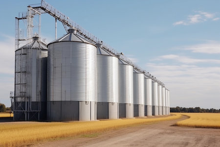 manufacturing plant for processing and silver silos for drying cleaning and storage of agricultural products, flour, cereals and grain.Â Generative AIの素材