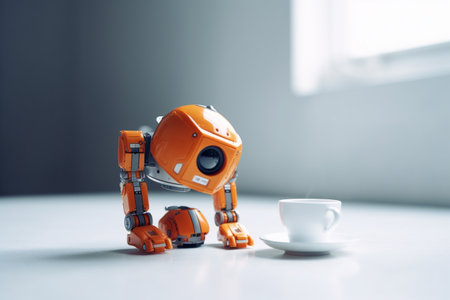 small orange robot and a white cup of coffee espresso on a white isolated background. Generated Aiの素材