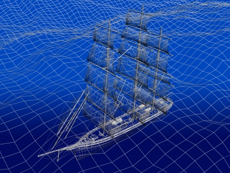 3D wireframe of Chinese Junk in oceanの写真素材