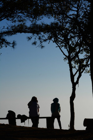 silhouette people sitting  on  bench , Phu Rua  in Thailandの写真素材