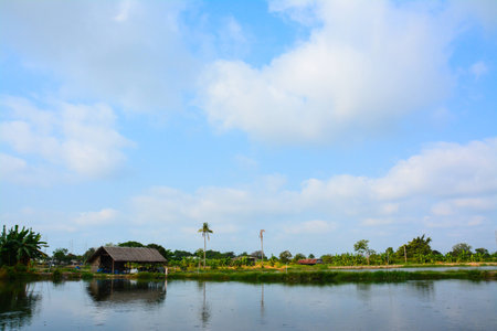 Fish hatchery pond  with blue sky,Thailand