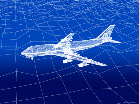 3D wireframe of airplane flies over a sea 