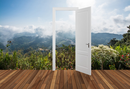 Landscape behind the opening doorの写真素材