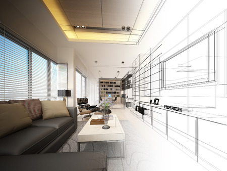 sketch design of living ,3dwire frame renderの写真素材