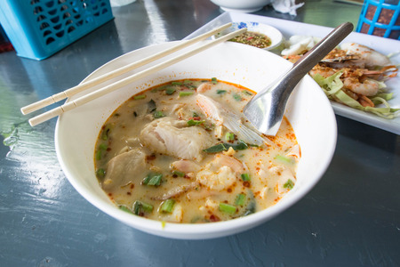 Tom yum seafood noodle isolated on white background noodleのeditorial素材