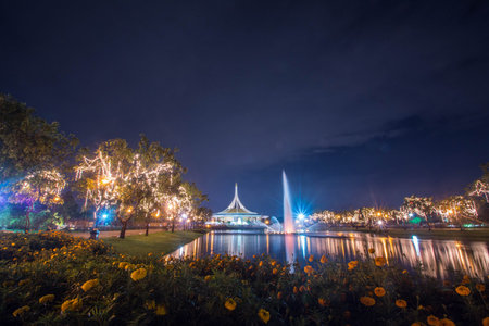 Hall Ratchamongkhon Suan Luang Rama 9 Park and Botanical Garden is the largest in Bangkok at nightの写真素材