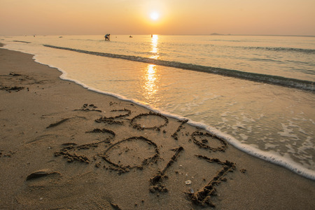 New Year 2017 concept ,text on the beach at twilightの写真素材