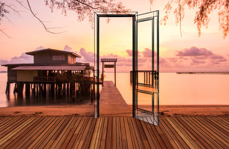 Landscape behind the opening doorの写真素材