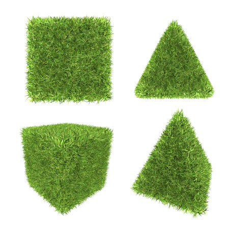 green grass of qubic and pyramid, Isolated on white backgroundの写真素材