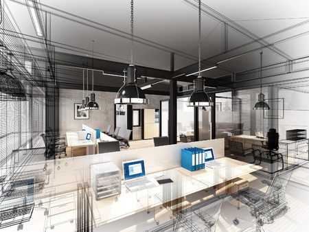 sketch design of interior office, 3d interior wire frameの写真素材