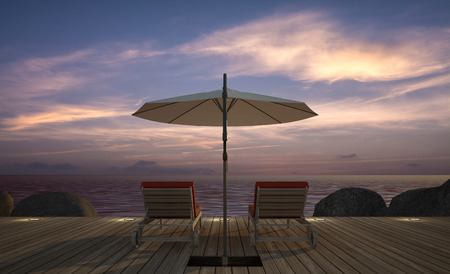 daybed with umbrella on  wooden terrace at twilight sea view, 3D rendering imageの写真素材