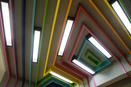 colorful of lath ceiling with lightingの写真素材