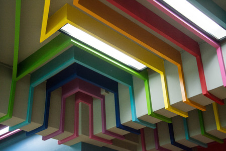 colorful of lath ceiling with lightingの写真素材