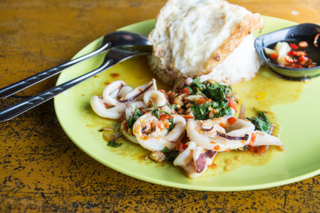 Basil Fried Rice with squid and fried egg